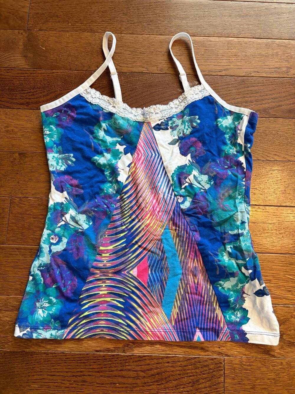 Bongo Women's Floral and Geometric Print Camisole Top with Lace Trim